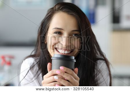 Smiling Woman Hold Black Paper Moog With Coffee Drink Portriat. Morning Energy Concept