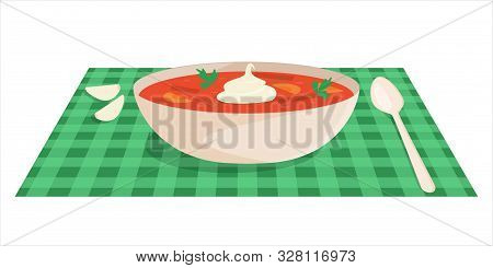 Ukrainian Dish Borsch In A White Plate On A Green Striped Napkin.