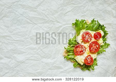 Healthy Open Sandwich With Lettuce, Tomato, Sesame Isolated On A White Background. Copy Space.