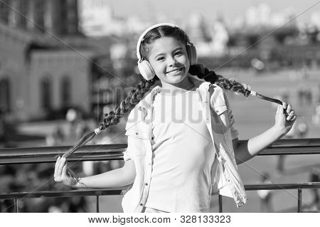 Audio Tour Headphones Gadget. City Guide And Audio Tour. Girl Little Tourist Kid Explore City Using 