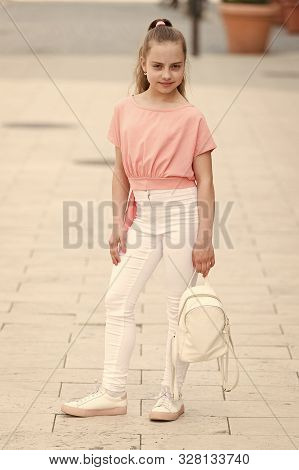 Only Fun On My Mind. Kid Long Hair Enjoy Walk Sunny Day. Summer Holidays. Charming Stylish Fashionab