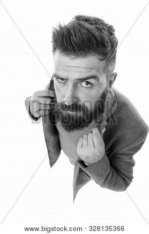 For A Refined Fashionable Look. Bearded Man Wearing Fashionable Topcoat And Jeans. Having Fashionabl