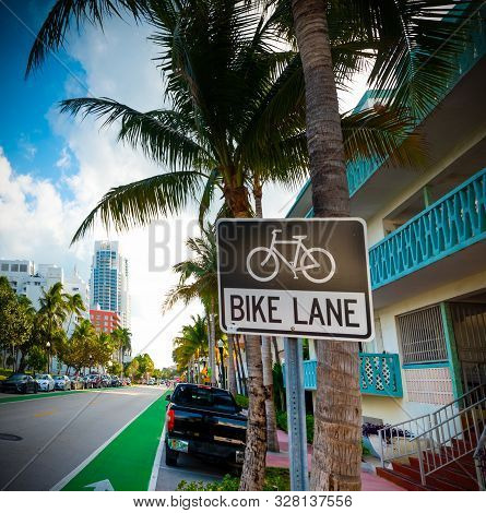 Bike Lane Sign In Miami Beach, Usa