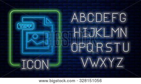 Glowing Neon Tiff File Document. Download Tiff Button Icon Isolated On Brick Wall Background. Tiff F