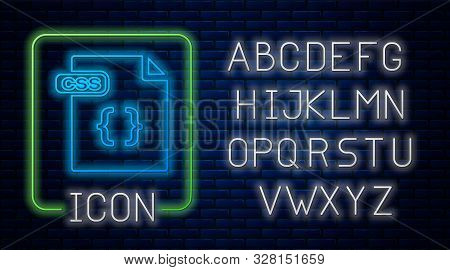 Glowing Neon Css File Document. Download Css Button Icon Isolated On Brick Wall Background. Css File