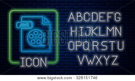 Glowing Neon Avi File Document. Download Avi Button Icon Isolated On Brick Wall Background. Avi File