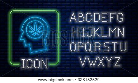 Glowing Neon Silhouette Of Male Head In Profile With Marijuana Or Cannabis Leaf Icon Isolated On Bri