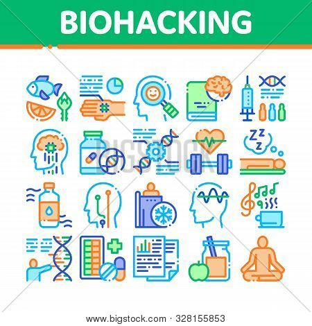 Biohacking Collection Elements Icons Set Vector Thin Line. Meditation And Brain, Dna And Helix, Gene