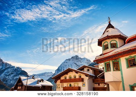 Ski Resort In Winter Dolomite Alps. Canazei, Val Di Fassa, Italy. Winter Holidays, Travel Destinatio