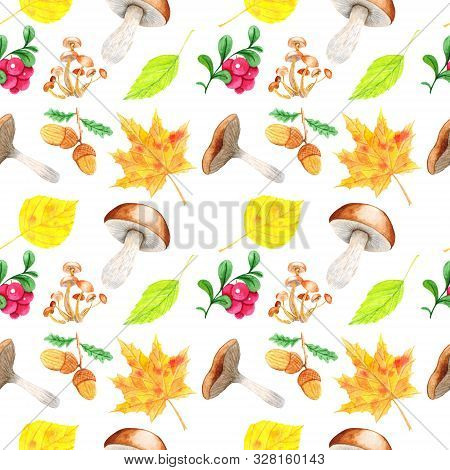 Bright Autumn Seamless Pattern With Colorful Leaves, Lingonberries, Acorns. Autumn Collection. Perfe