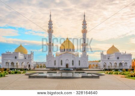 White Mosque Close Up. Golden Autumn. Lake Near The Mosque.