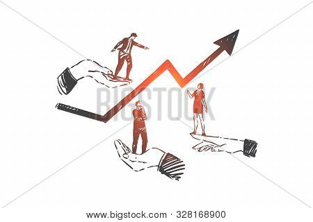 Business Development, Teamwork, Career Concept Sketch. Businessmen And Businesswoman Searching Compa
