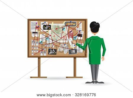 Detective Board With Pins And Evidence, Crime Investigation