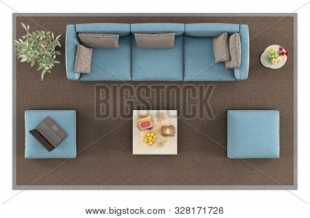 Top View Of A Blue Sofa , Footstool And Coffee Table On Carpet, Isolated On White Background - 3d Re