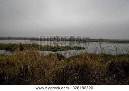 Beautiful Polish Autumn Cold Gray Cloudy November Landscape Of Podlasie With The River Bug