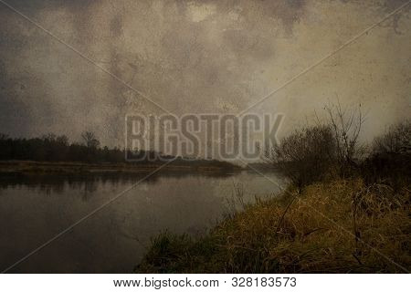 Beautiful Polish Autumn Cold Gray Cloudy November Landscape Of Podlasie With The River Bug