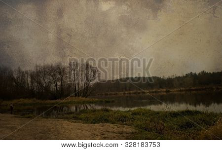 Beautiful Polish Autumn Cold Gray Cloudy November Landscape Of Podlasie With The River Bug