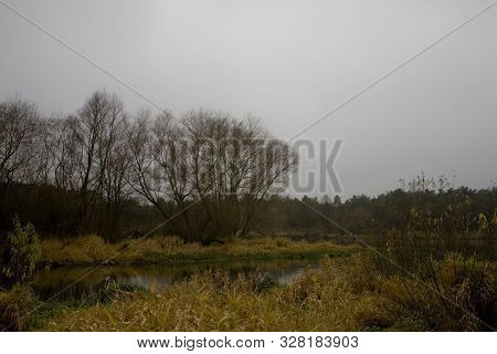 Beautiful Polish Autumn Cold Gray Cloudy November Landscape Of Podlasie With The River Bug