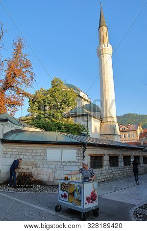 Sarajevo, Bosnia And Herzegovina - September 15, 2019:  Gazi Husrev Begova Mosque Viewed From Saraci