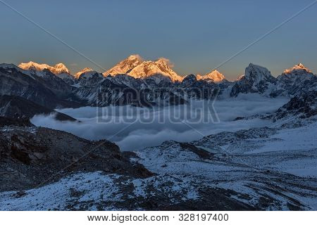 Beautiful Sunset Over Everest Summit, View From Renjo La Pass. Amazing View Of Mountain Valley Cover