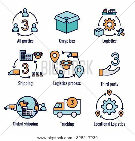 Logistics Icon Set W Buildings, Trucking, People And Shipping Box