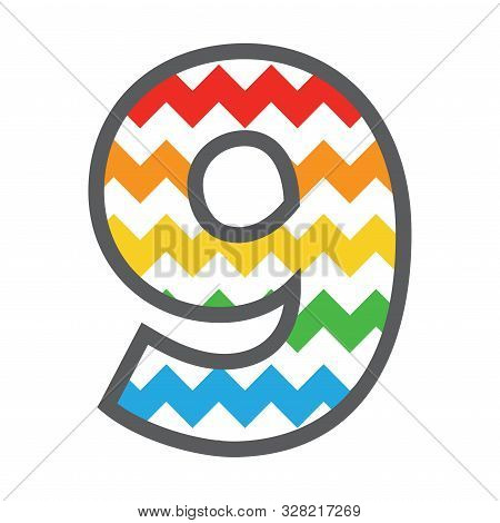 9 Nine Chevron Number W Colorful Rainbow Pattern And Grey Border