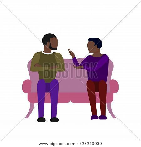 Black Couple Of Two Men Are Talking Sitting On Sofa. Argue, Fight, Angry Conversation. Flat Style St