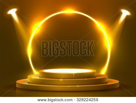 Abstract Round Podium Illuminated With Spotlight. Award Ceremony Concept. Stage Backdrop.