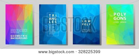 Facet Low Poly Mosaic Cover Page Layouts Vector Graphic Design Set. Crystal Texture Low Poly Pattern