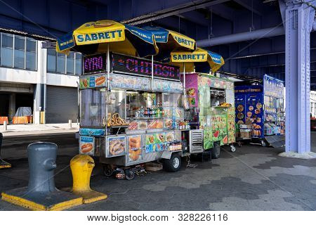 New York, United States Of America - September 23, 2019: Street Vendor Carts In The Streets Of Lower