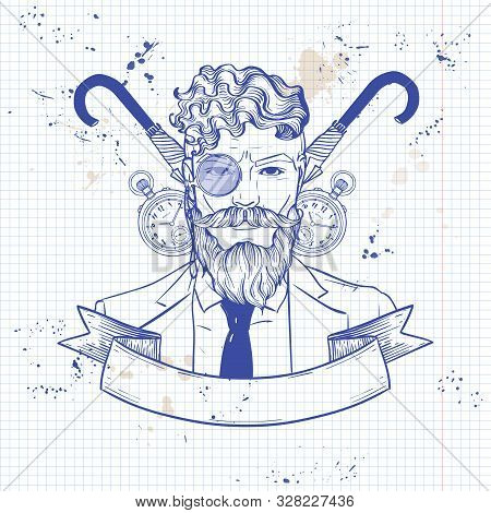 Hand Drawn Sketch, British Man With Beard And Mustaches And Umbrella And Clock. Poster, Flyer Design