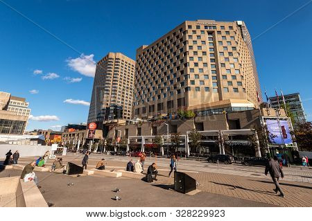 Montreal, Ca - 15 October 2019: Wide Angle View Of The Complexe Desjardins Building In Montreal Down