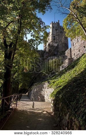 Rheinstein Castle In The Rhine Gorge, In Germany. Vertical Shot