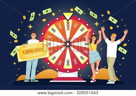 Happy People Win Jackpot In Lottery. Vector Flat Cartoon Illustration For Casino Or Gambling Games. 