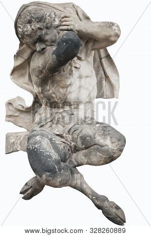 Antique Statue Isolated On White Background. Pan (faunus) God Of The Wild, Nature And Rustic Music. 