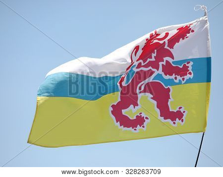 Big Flag With Red Lion Of Limburg Province In The Netherlands In Europe