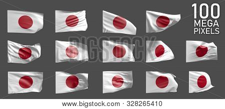A Lot Of Different Realistic Renders Of Japan Flag Isolated On Grey Background - 3d Illustration Of 
