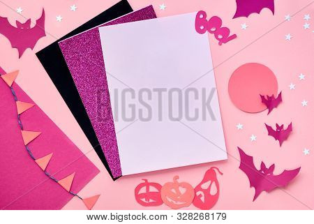 Creative Paper Craft Halloween Flat Lay In Pink, Magenta And Black. Top View With Cipy-space On Stac
