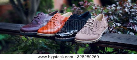 Diverse Modern, Stylish Pairs Of A Shoes On Green Field Background With Copy Space. Top View
