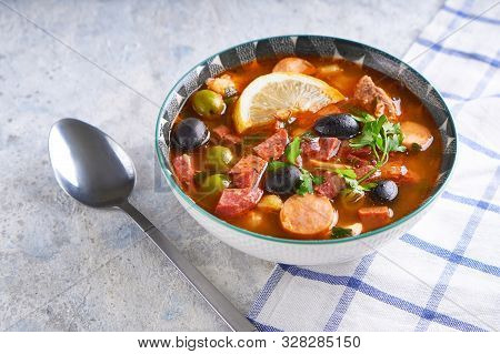 Soup Hodgepodge In A Deep Plate On A Light Stone Table Copyspace