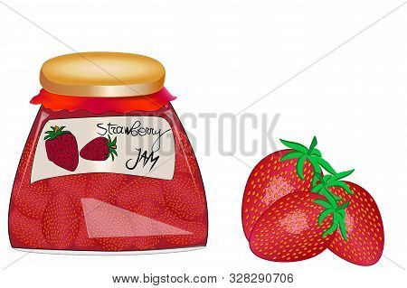 Delicious Vegan Jam In A Jar, Made Of Ripe Juicy Strawberry, Fresh Berries With Leaves, Isolated.gla