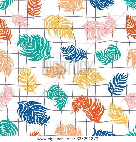Seamless Vector Pattern With Colorfull Palm Dypsis Leaves On White Background. Seamless Colorfull Su