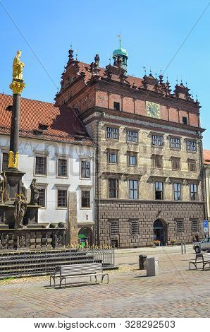Pilsen, Czech Republic - June 25, 2019: The Main Square In Plzen, Czechia With Rennaisance City Hall