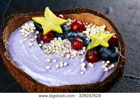 Healthy Homemade Raw Vegan Banana And Berry Ice Cream (icecream, Nicecream) Topped With Organic Blac