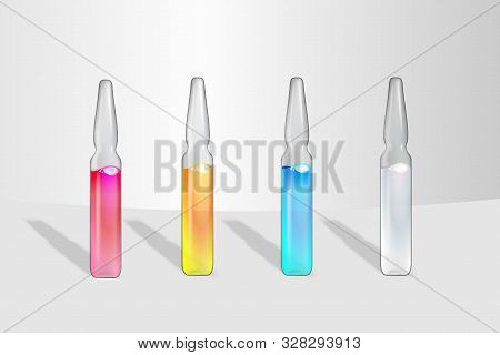 Set Of Transparent Medical Ampoules With Colorful Liquid Drug Solution. Vial Hypodermic Injection. T