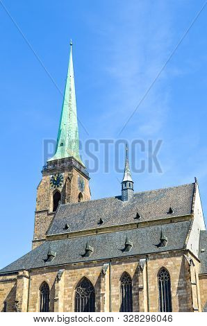 Close Up Picture Of Gothic Saint Bartholomew Cathedral In Pilsen, Czech Republic. Historic Cathedral