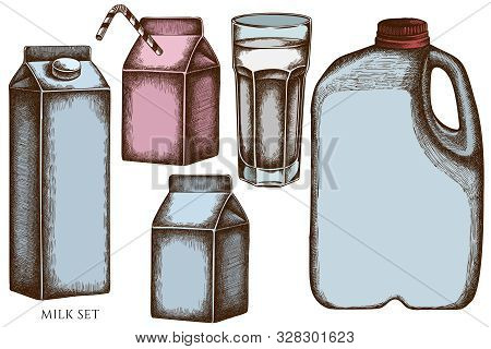 Vector Set Of Hand Drawn Colored Glass, Milk Boxes, Gallon Of Milk Stock Illustration