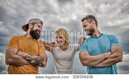 Trust And Support Attributes Of True Team. United By Idea. Woman And Men Look Confident While Stay C