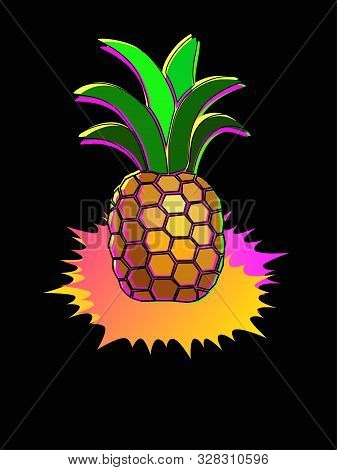 Bright Juicy Print With A Picture Of Pineapple In Bright Pink-orange Splashes On A Black Background.