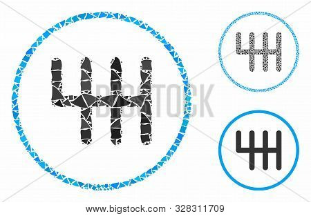 Gear Box Mosaic Of Unequal Parts In Different Sizes And Color Tones, Based On Gear Box Icon. Vector 